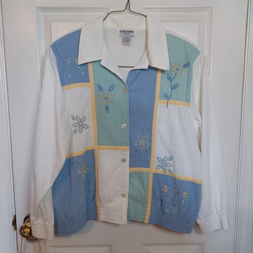 Alfred Dunner Patchwork Blue White Floral Jacket Cottagecore Beachy Size 14P
